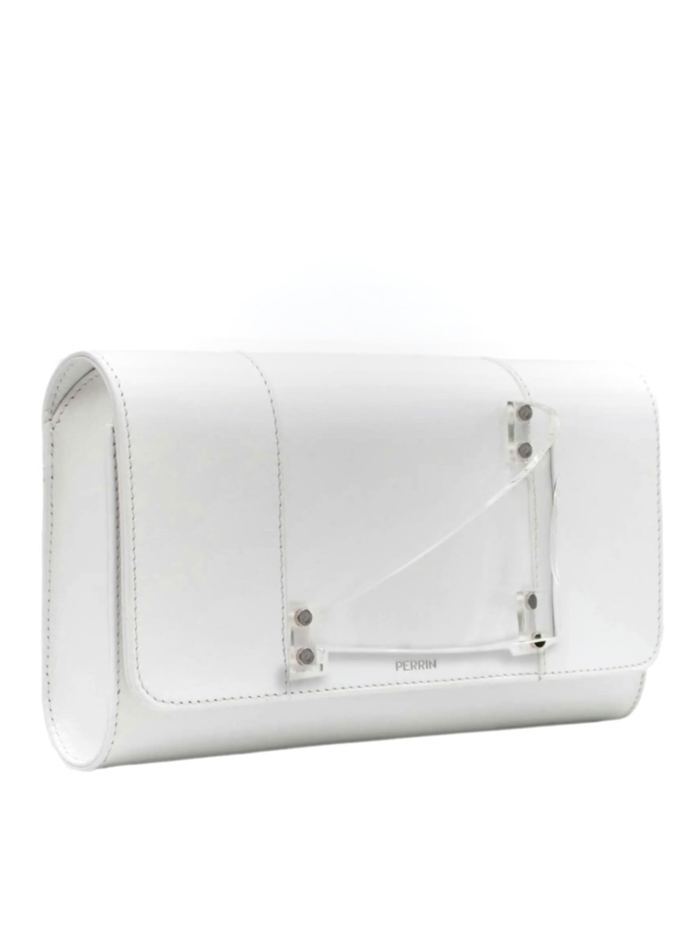 Perrin Paris L'Eiffel White Leather Glove Clutch With Clear Acrylic Hand Piece